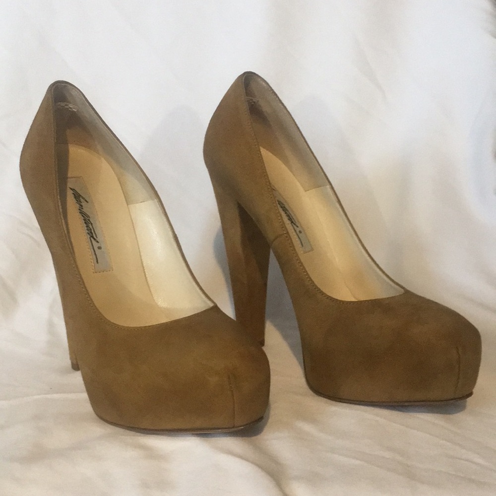 Tan / khaki brown suede Brian Atwood platforms